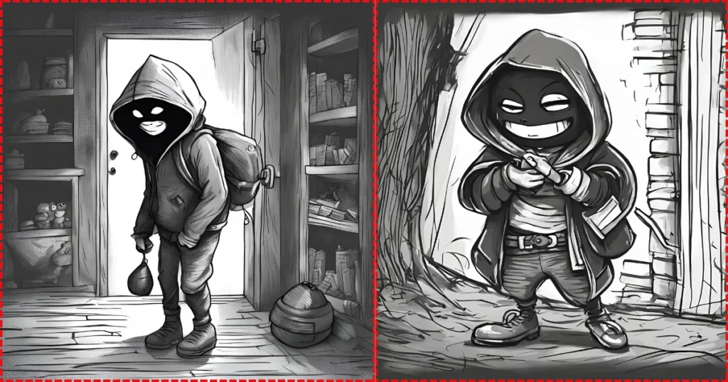 draw a sneaky thief hiding in the dark character drawing prompt