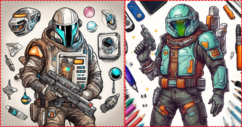 draw a space bounty hunter with cool gadgets character drawing prompt