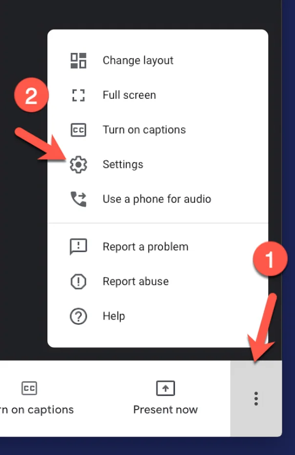 setting option in google meet