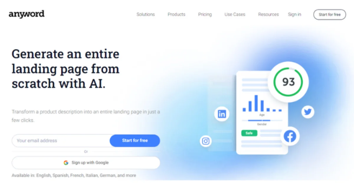 Anyword is one of the best ai landing page generator