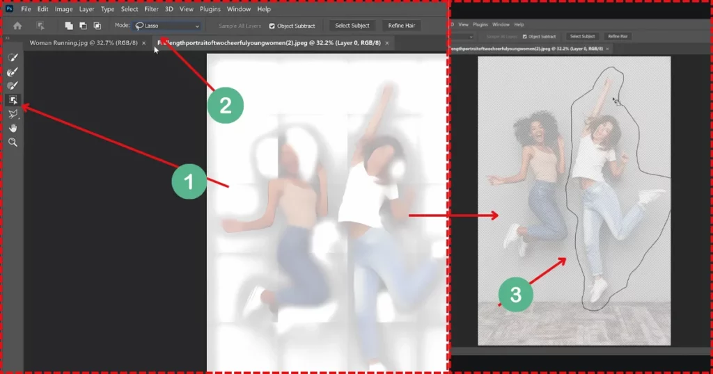 click object select tool and then swith to lasso mode in photoshop