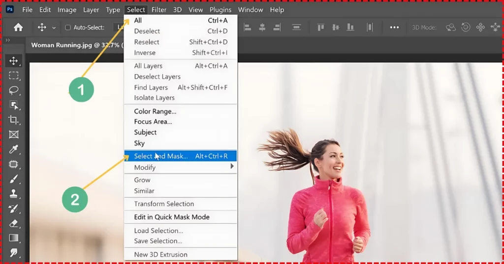 click select and mask option to remove background in photoshop