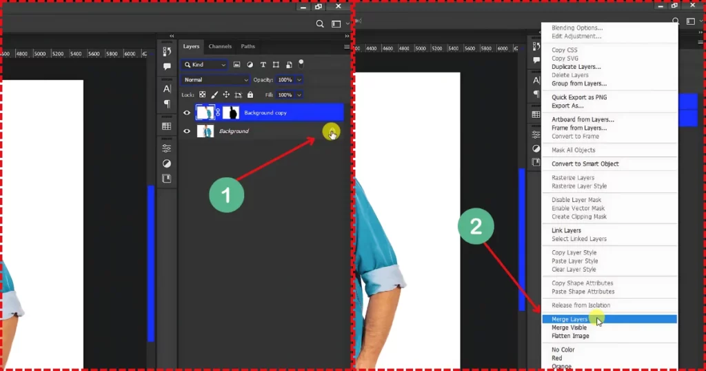go to the layers panel, unlock the background image, hold Ctrl to select both layers, right-click, and merge them to remove shadow on white background in photoshop
