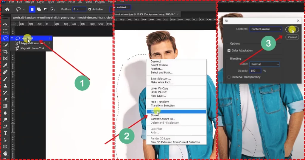 grab the lasso tool and right-click and choose fill, copy the same settings and click ok to confirm