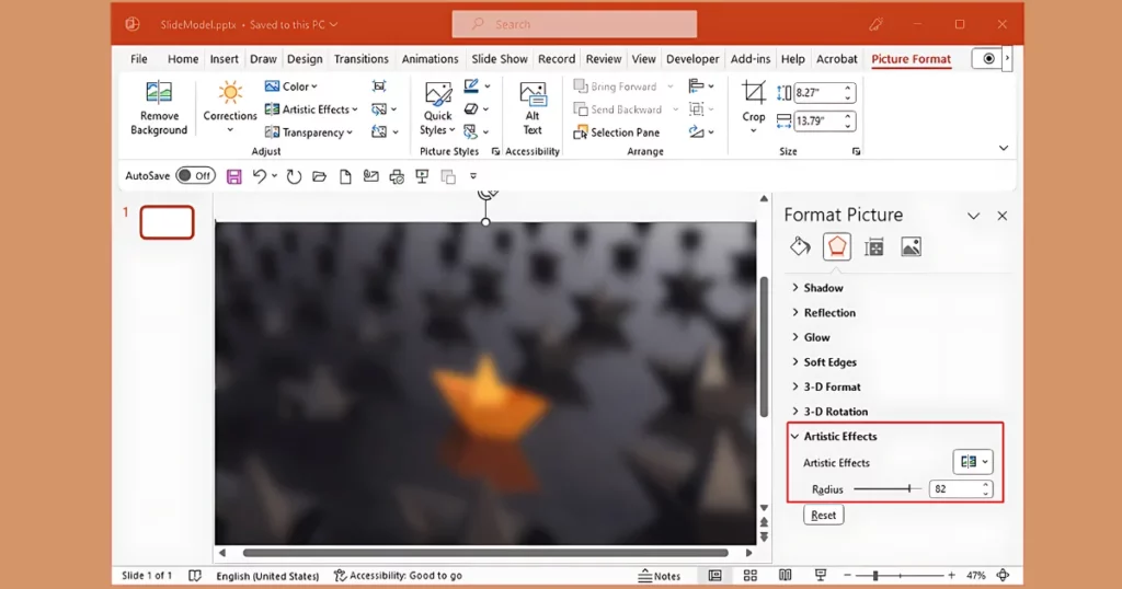 move the radius slider option in powerpoint to blur the background of the picture