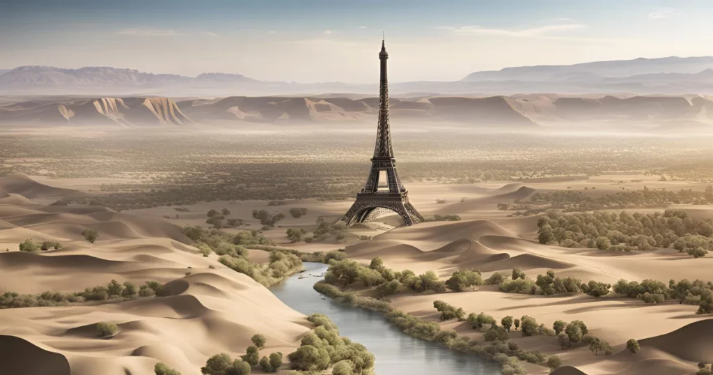 In a desert with a river, three Eiffel towers are visible; photorealistic depiction prompt