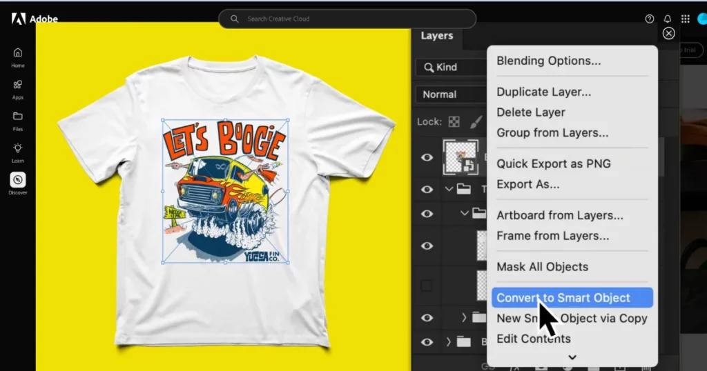 choose convert to smart object on how to make t shirt mockup in photoshop