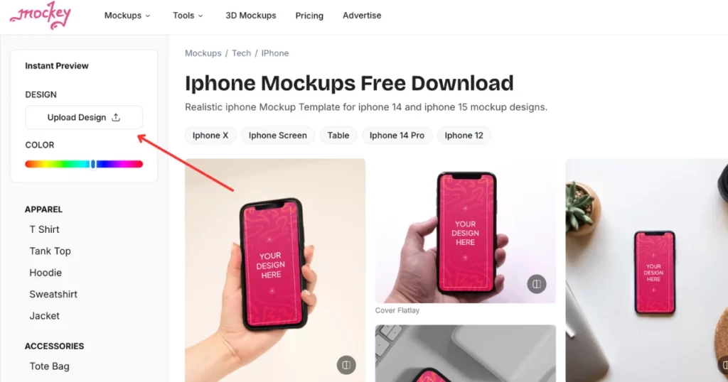 click upload design to make iphone mockups