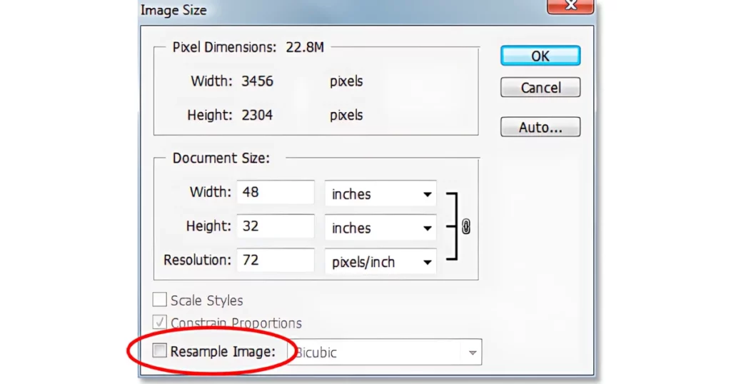 deselect resample image option to increase resolution of image in photoshop