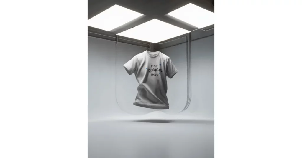 mockey 3d t-shirt mockup floating in a studio with a surreal background