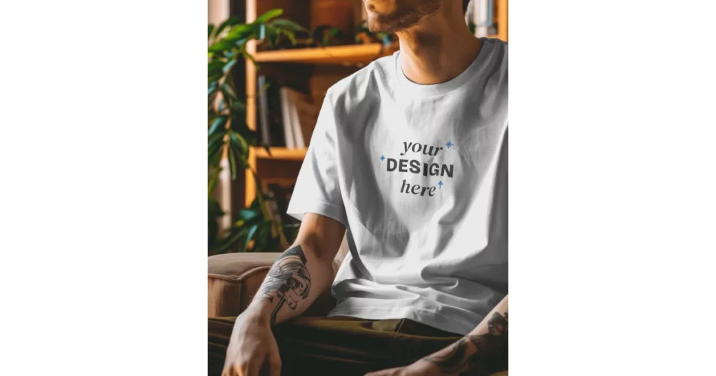 mockey mockup of a slim man sitting on a sofa in a t-shirt