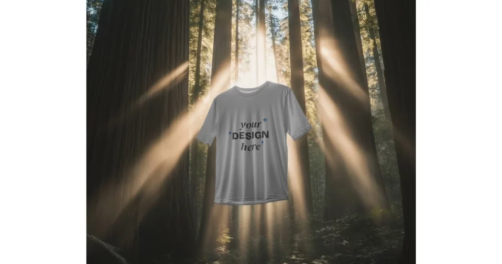 mockey t-shirt mockup floating in a forest with sunlight in the background