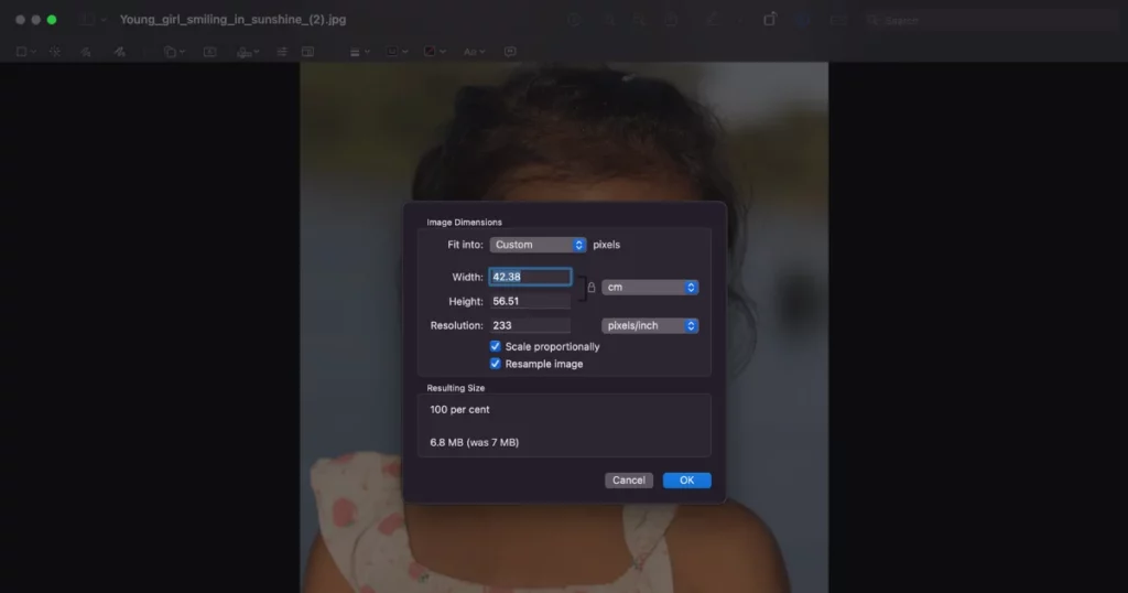 select custom in fit to option to increase resolution of image in macos