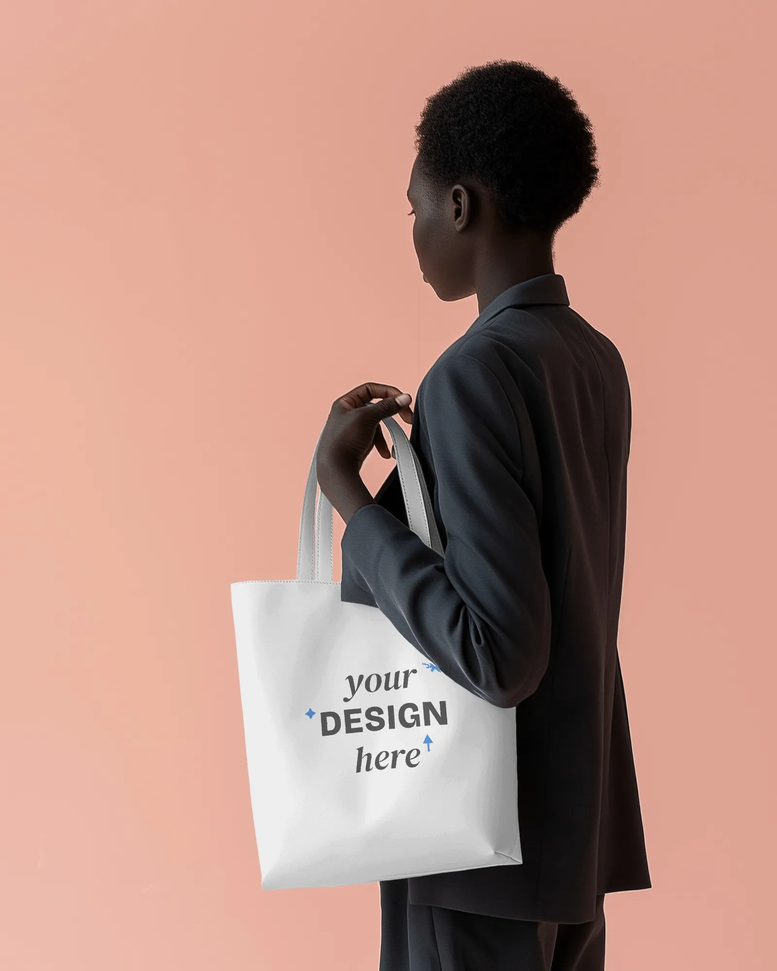 african model in coat with totebag mockup 