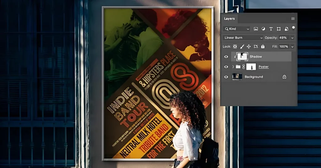 change the shadow layer to linear burn and set the opacity to 49% on how to create a poster in photoshop