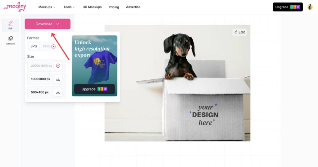 click download option on how to make a box mockup with mockey