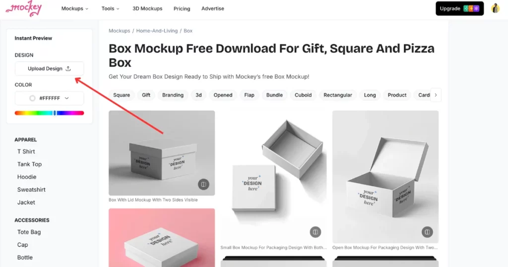 click upload design in mockey to make a box mockup