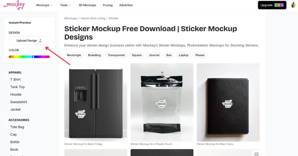 click upload design in mockey to make sticker mockups