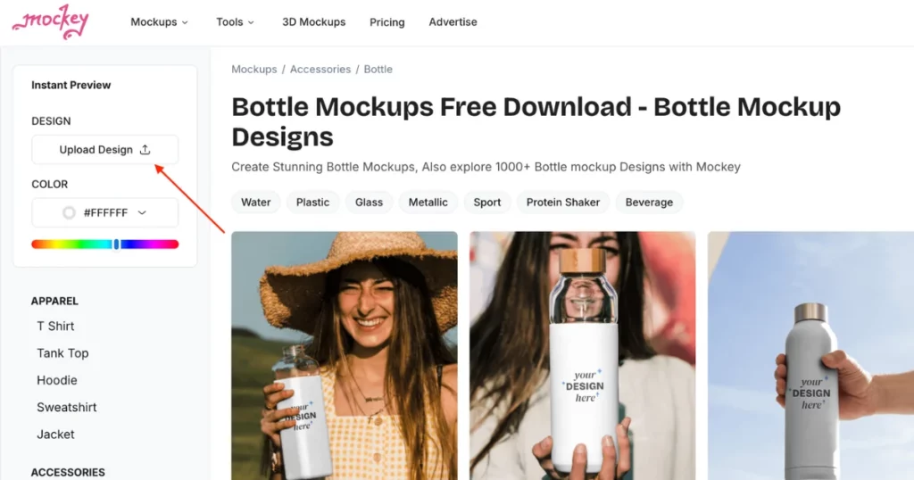 click upload design to add your design to customize bottle mockup