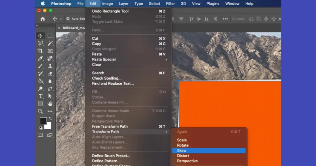 edit then transform and then skew option in photoshop
