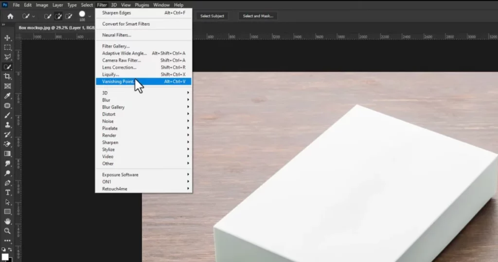 file > vanishing point in photoshop on how to make a box mockup