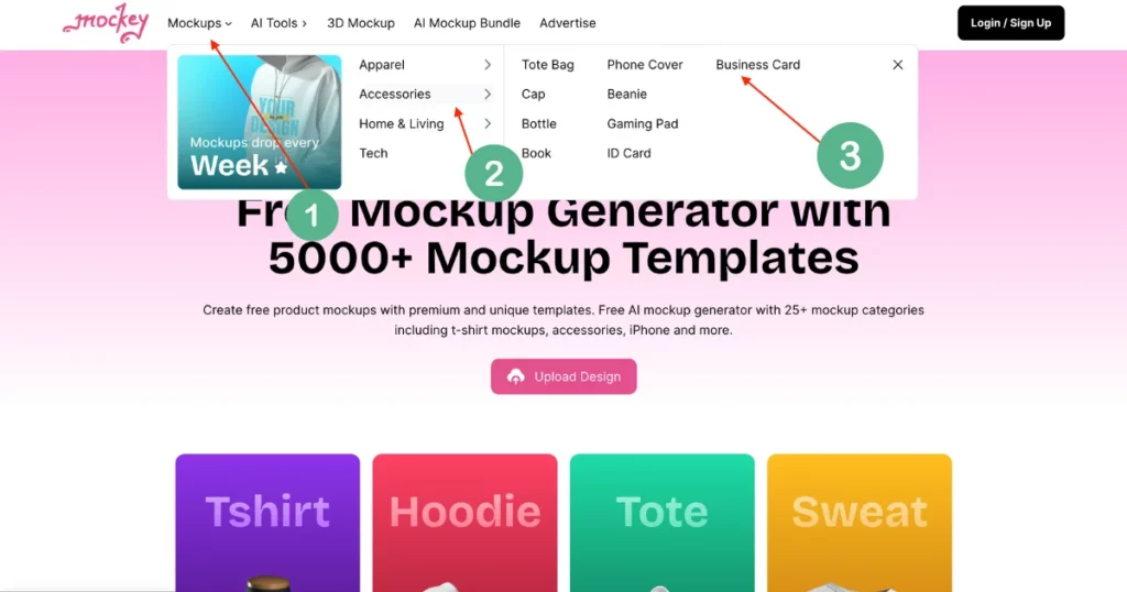 go to mockey.ai, click on mockups in the menu, then choose accessories to find the business card maker