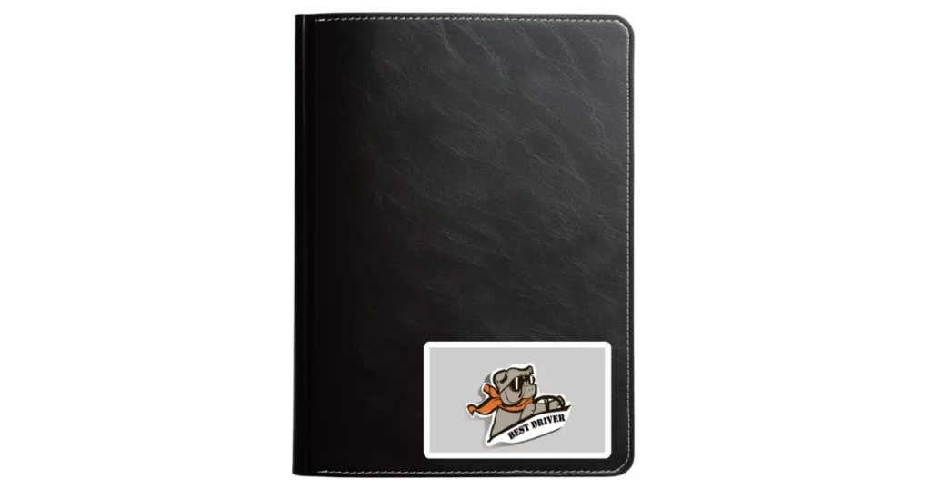 mockey sticker mockup on black diary