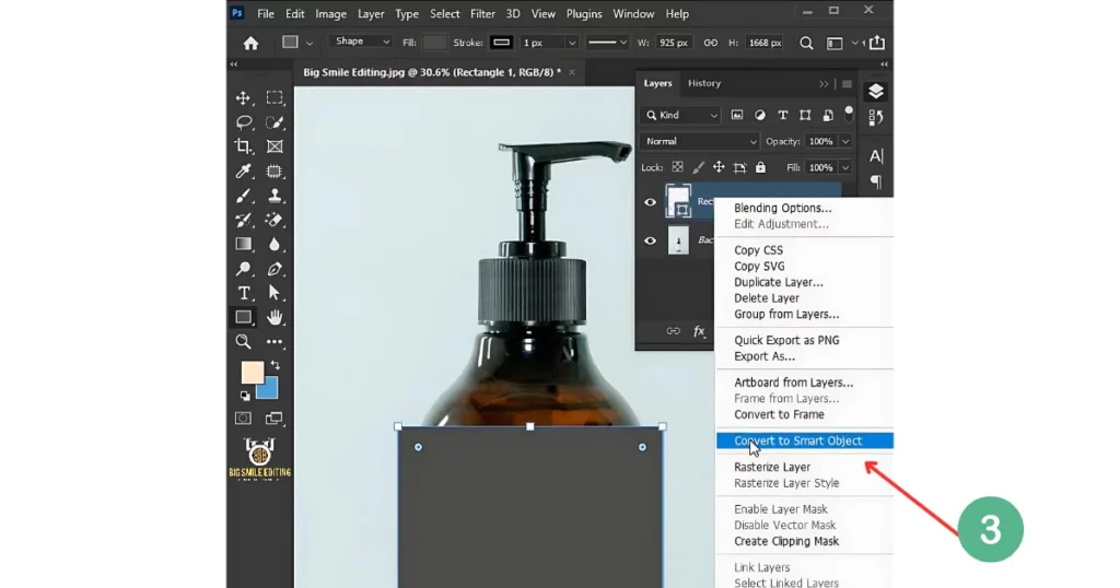 right-click on the shape layer and select convert to smart object to make bottle mockup in photoshop