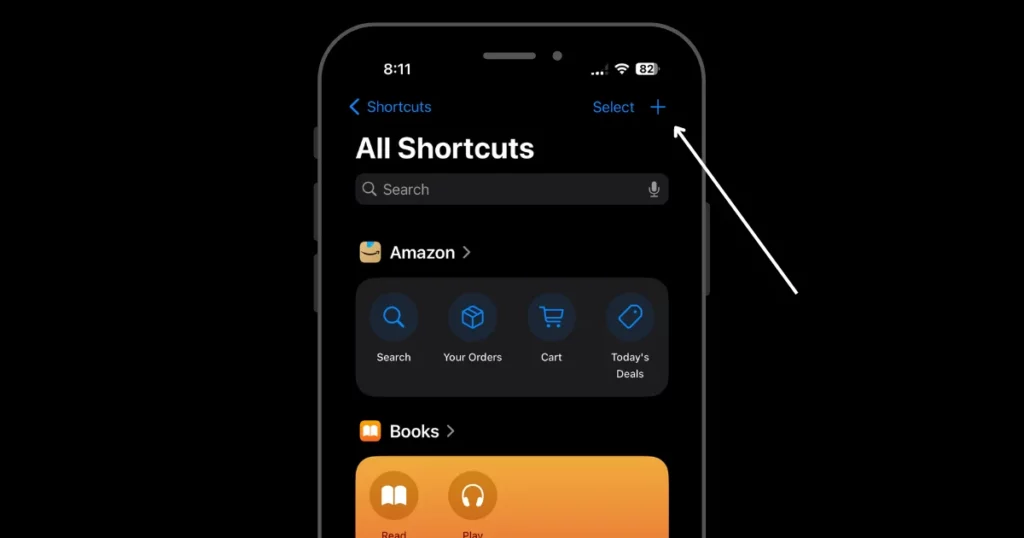 tap + button to create a new shortcut