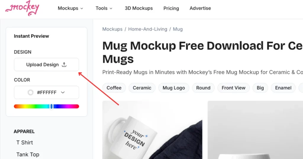 upload design in mockey to make a mug mockup