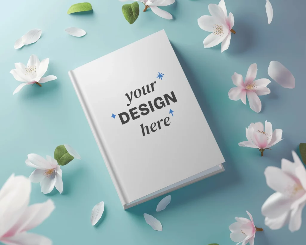 Book mockup on a blue table surrounded by beautiful flowers scene