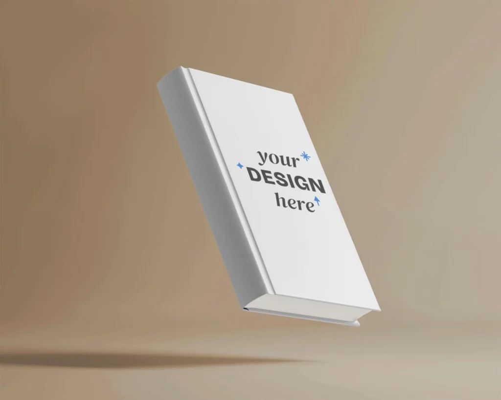 Tilted book mockup flying in air over a brown studio background