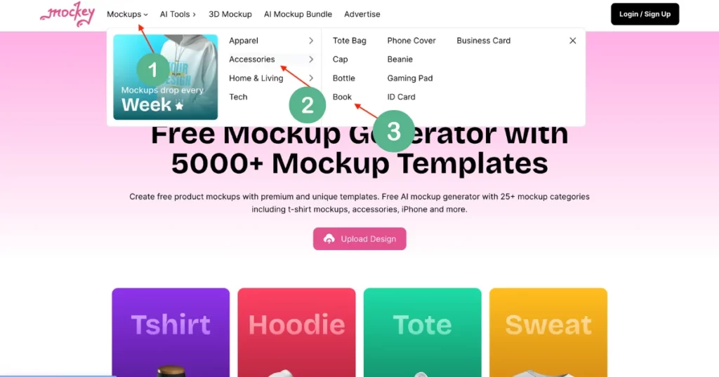 Visit Mockey.ai and navigate to mockups, then select accessories, and choose book
