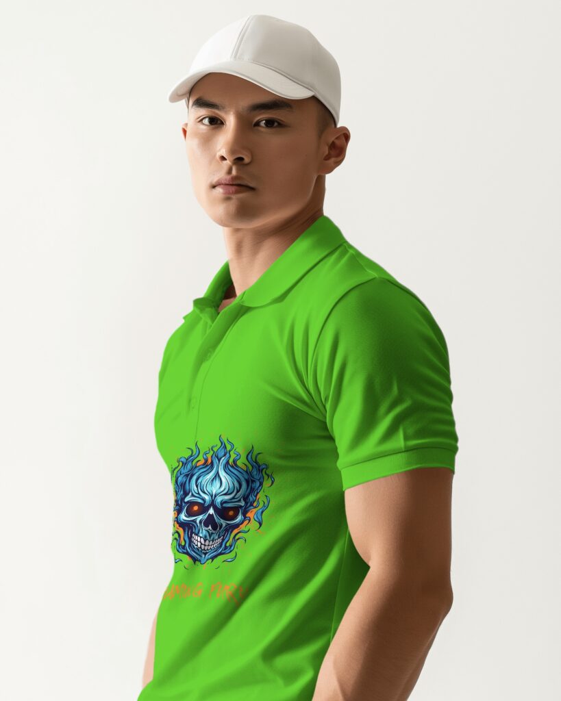 asian male model wearing a white polo t shirt mockup and white cap