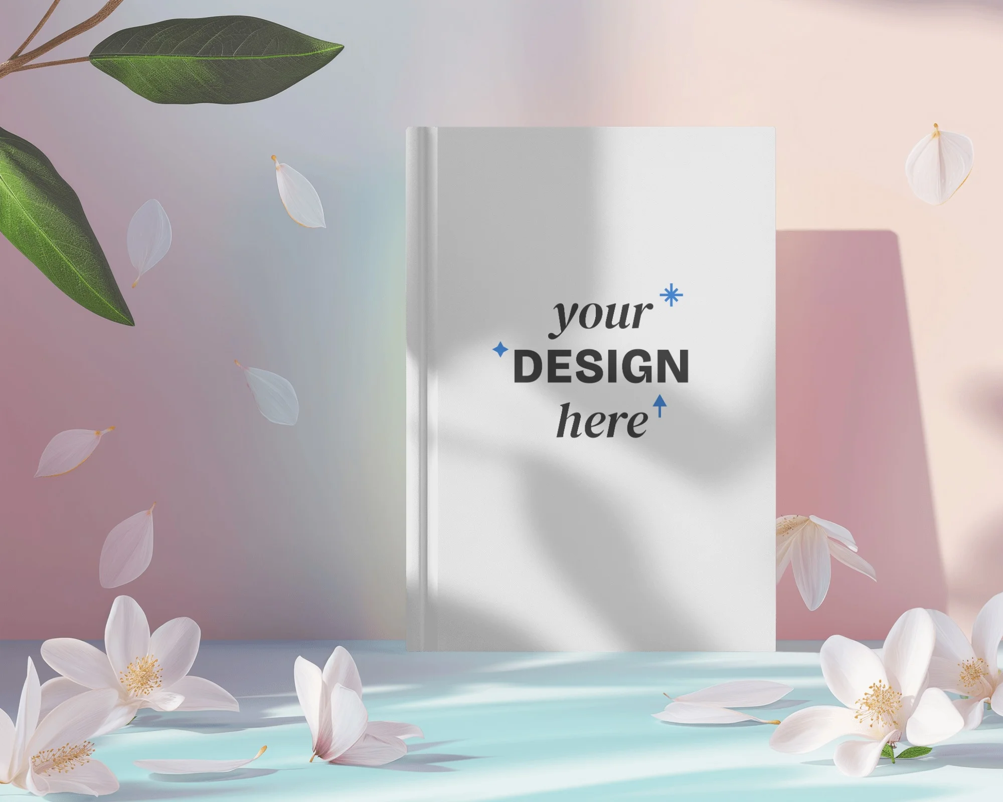 beautiful book mockup with flowers flying around