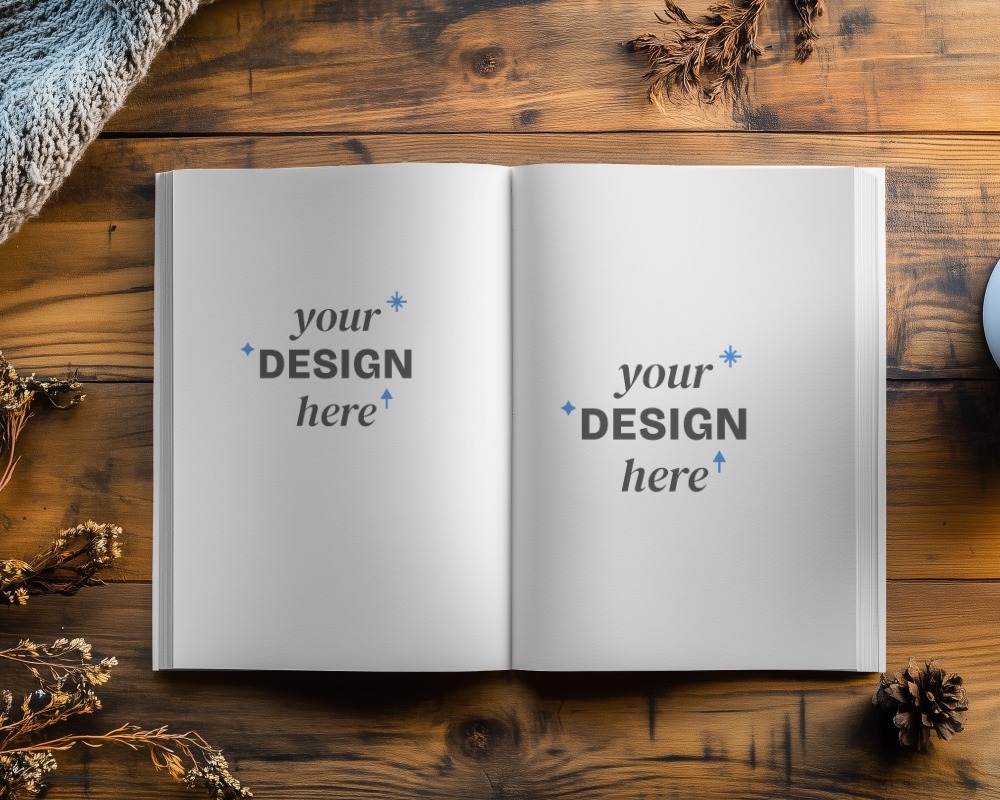 double-page-magazine-mockup-placed-on-rustic-wooden-surface-with-decor