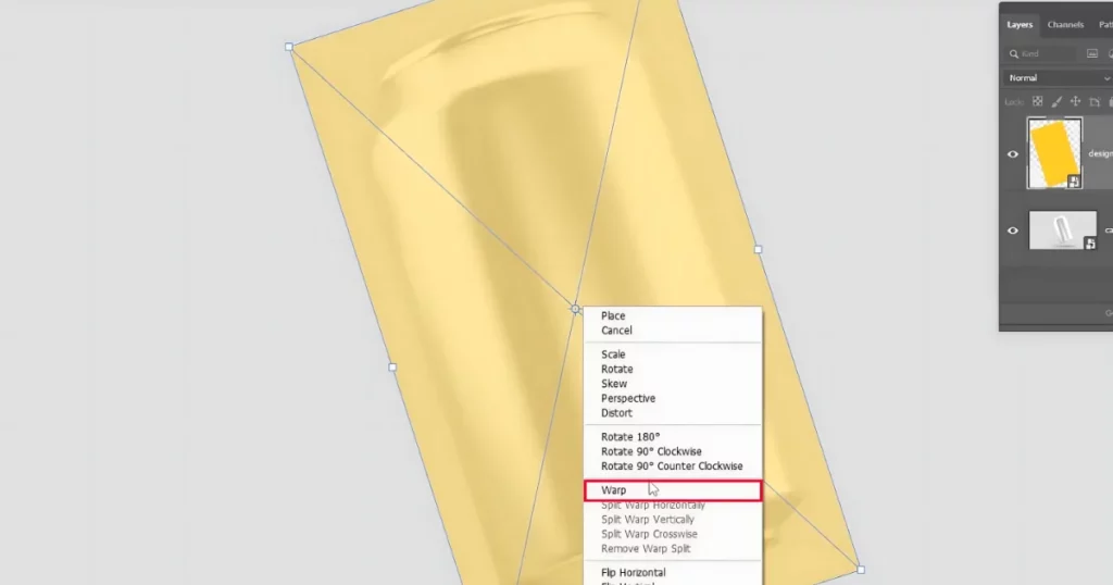 right-click and select warp on how to make packaging mockup in photoshop