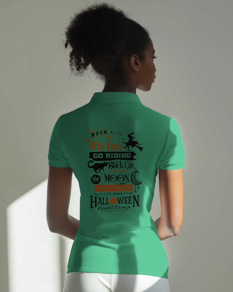 woman wearing polo tshirt mockup with back view