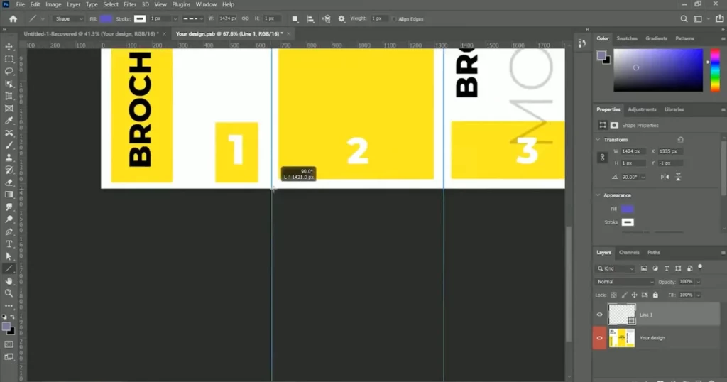 Take the line tool, set the style to dash and create two lines over the guide