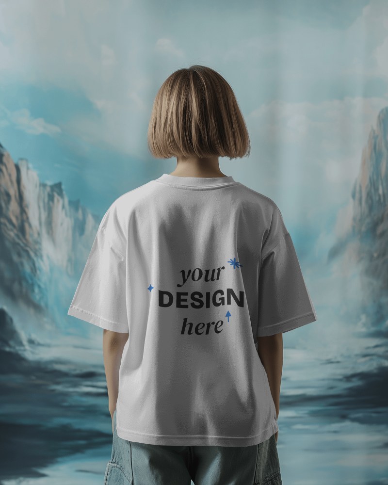 back-t-shirt mockup with short-hair girl and glacier background