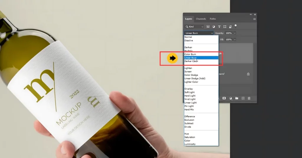 change the blending mode to linear burn on how to create a bottle mockup in photoshop