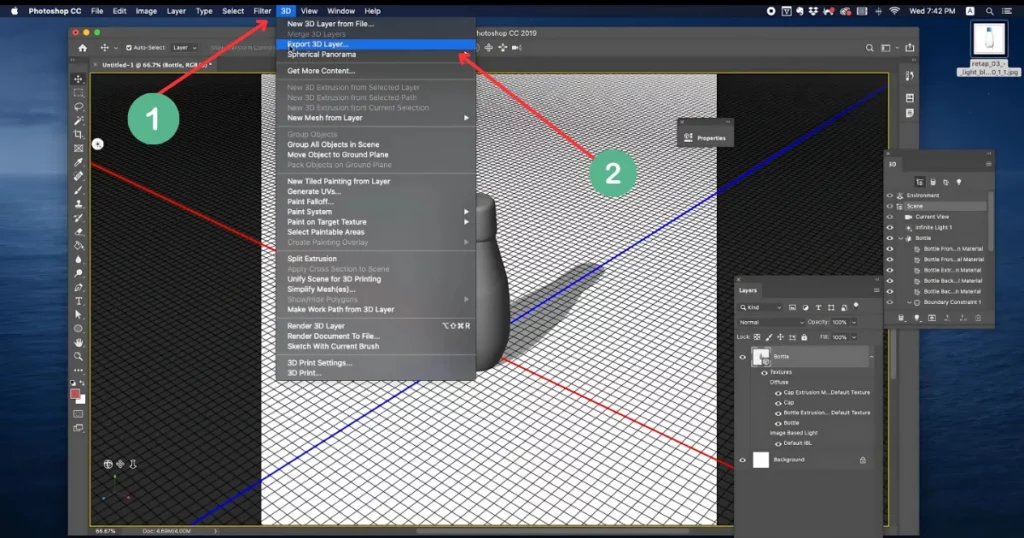 go to 3d and choose export 3d layer on how to create 3d mockup in photoshop