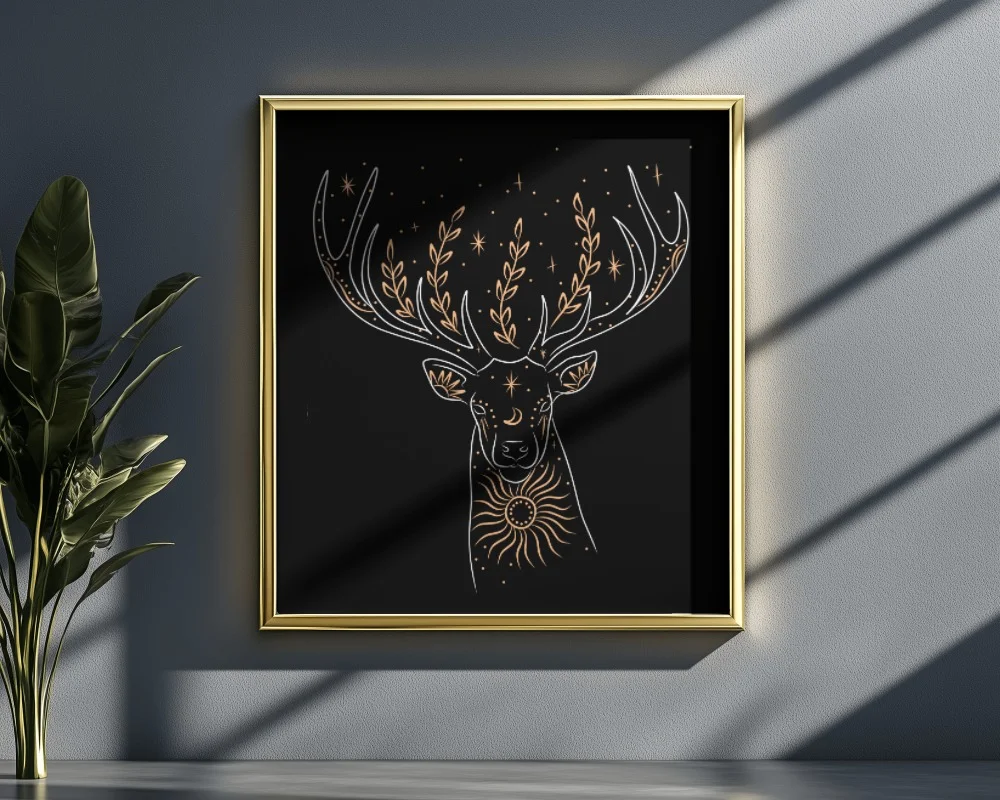 golden-photo-frame-mockup-with-sunlight-and-plant