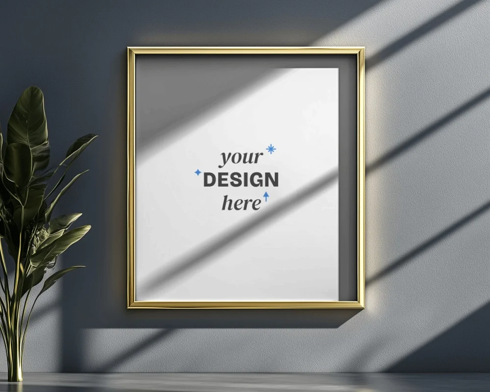 golden-photo-frame-mockup-with-sunlight-and-plant