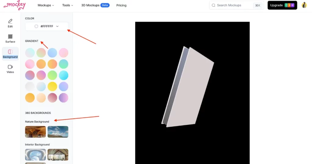 head to the background section to set the background of your 3d book mockup