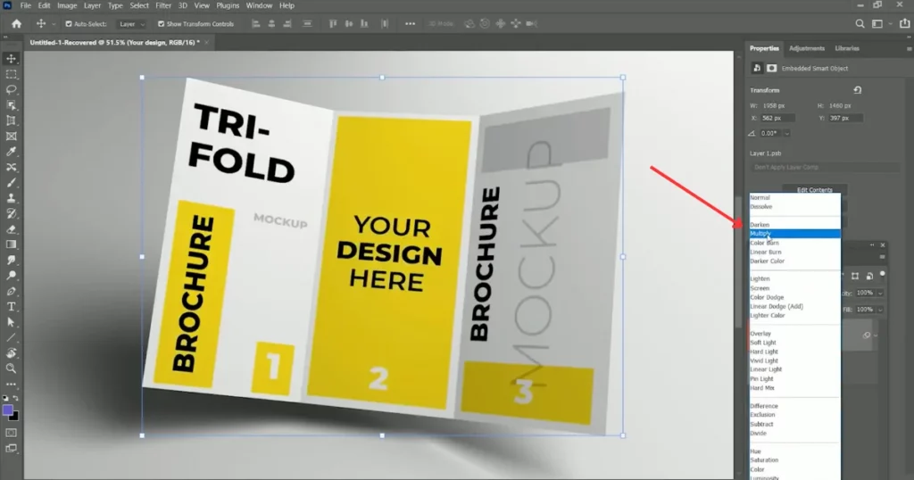 set the layer mode to multiply on how to make a brochure mockup in photoshop