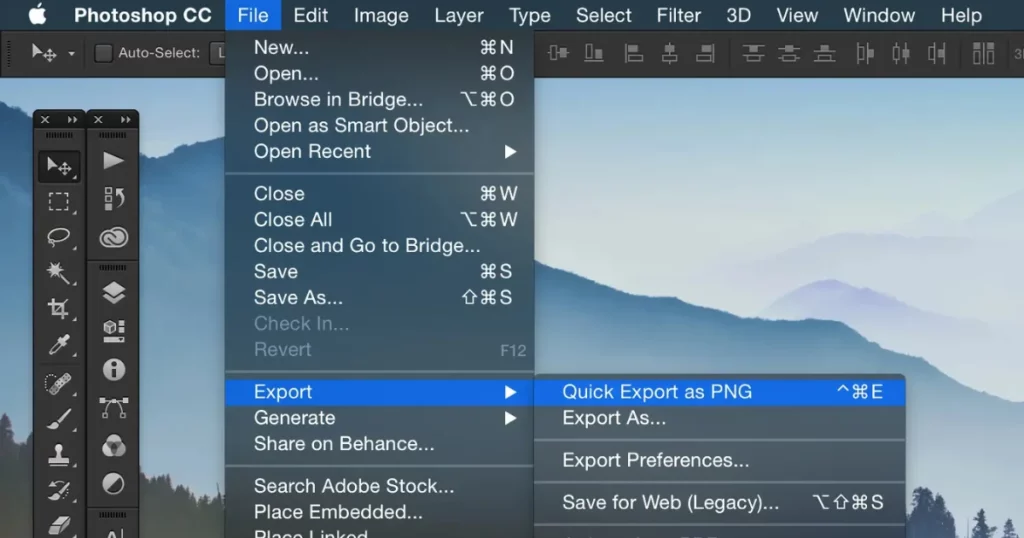 click file, then choose export, and select quick export as png or jpeg on how to make a mockup in photoshop