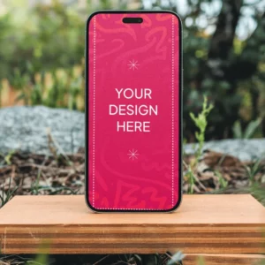 Front view iPhone 16 mockup on wooden table with plants