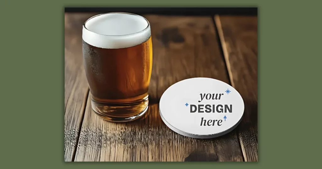 a wooden table with a beer glass and a round coaster