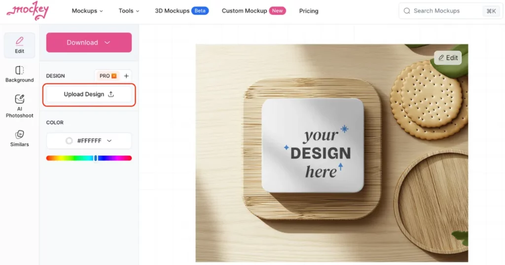 click upload design on how to create coaster mockup